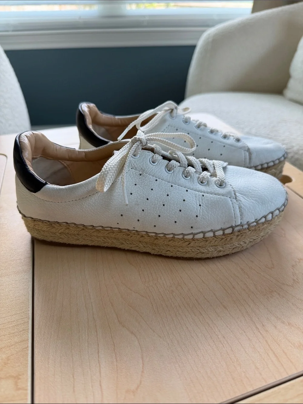 Vince Camuto White Leather Espadrille Platform Sneaker with Brown Heel Tab
